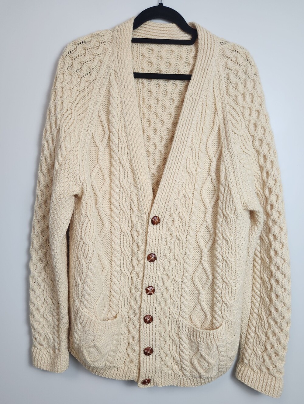 Men's Handknit Wool Cardigan Fits XL Cable Knit Fishermencore Cottagecore Preppy